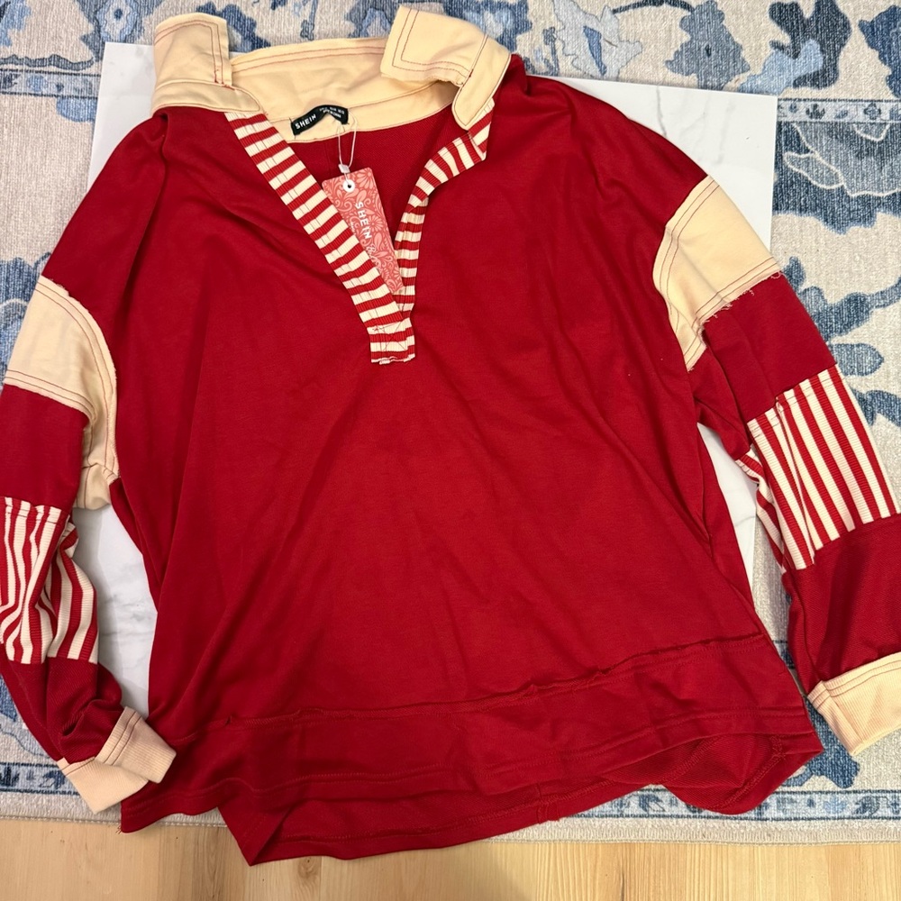 SHEIN Red and Cream Striped Sweatshirt